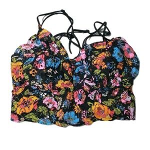 Victoria's Secret Black Multi Color Floral Lace Strappy Back Bralette Crop Top S